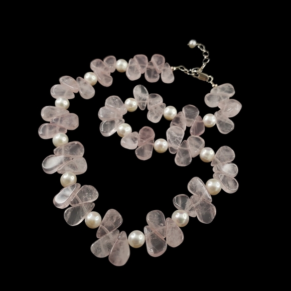 Pink quartz necklace gemstones real pearls sterling silver 925  A0322 -Q1 - Picture 2 of 8
